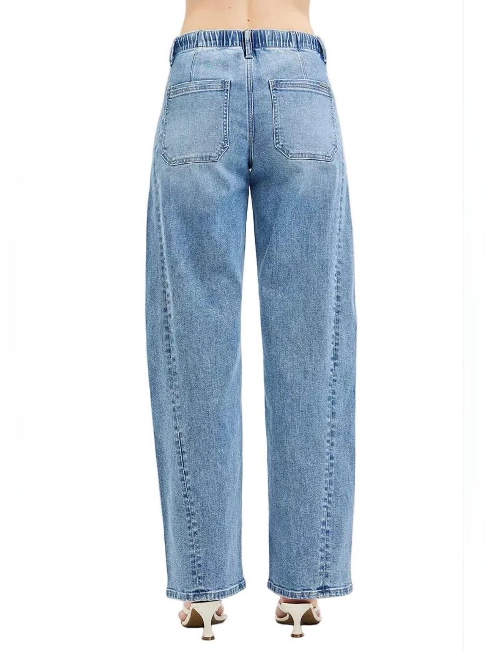 Risen High-Waist Drawstring Elastic Waist Relaxed Fit Panel Wide-Leg Denim Jeans - Picture 3 of 15